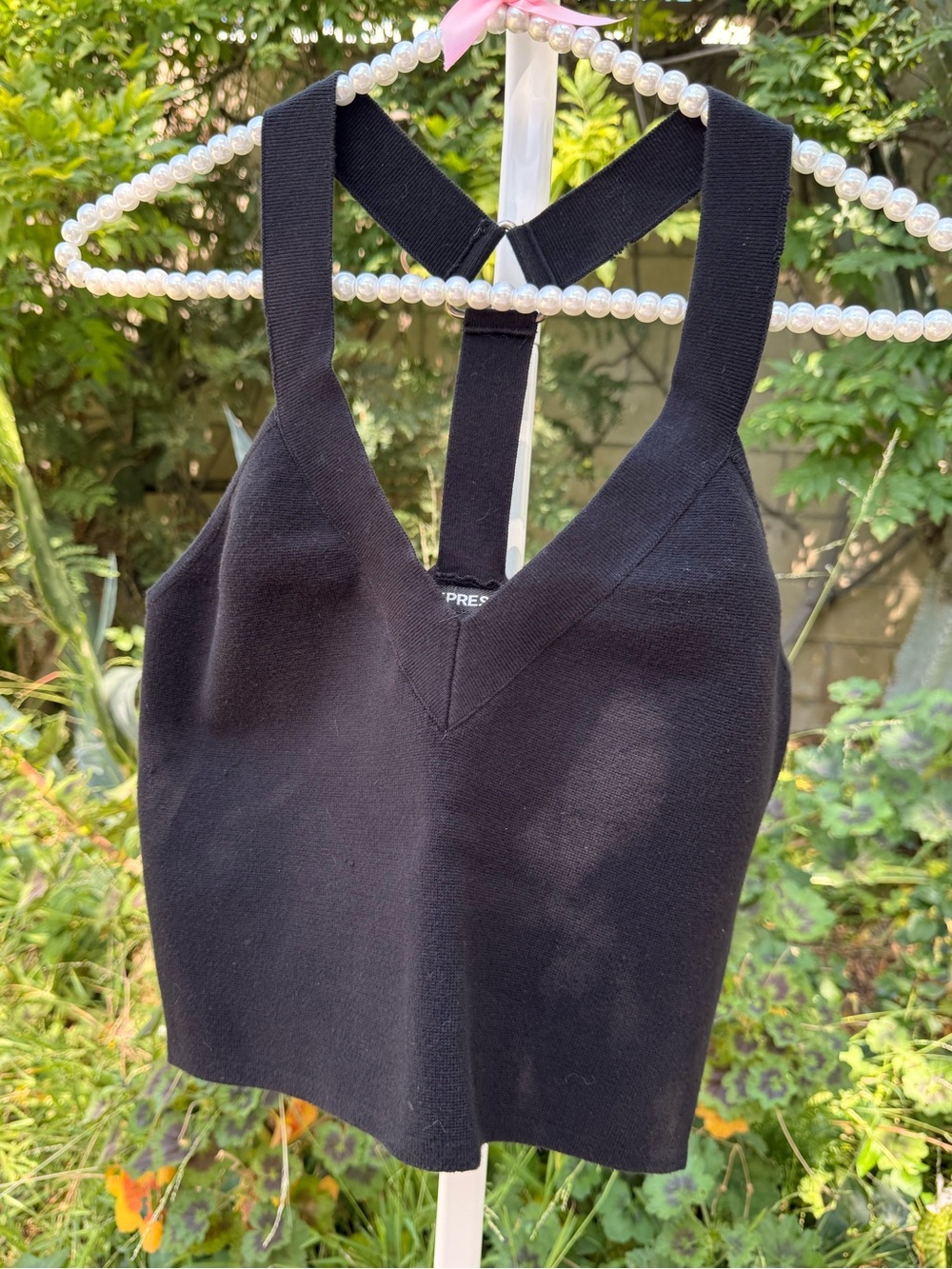 Black Ribbed Cropped Racerback Low-cut Tank Top